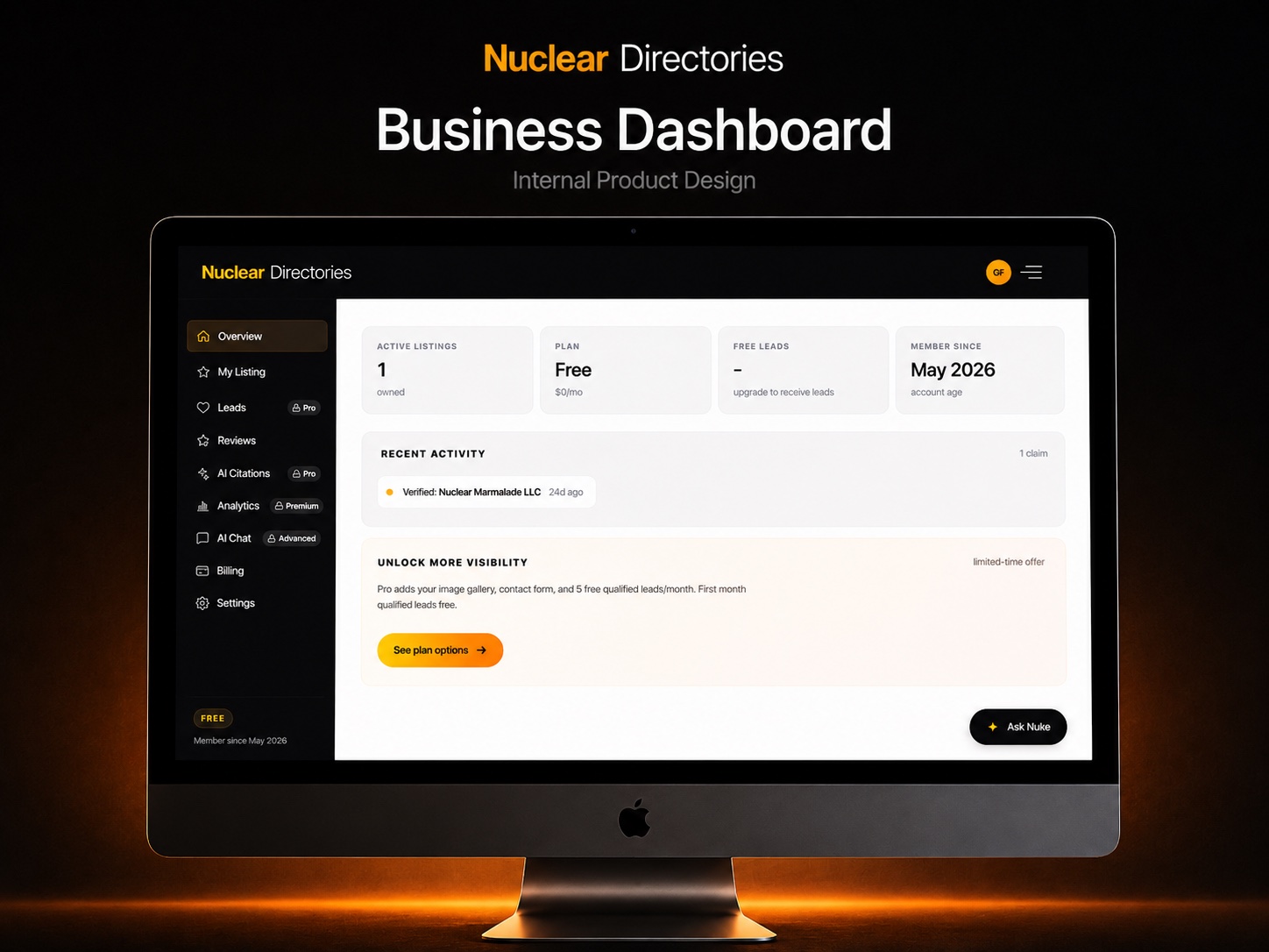 Your listing, leads, and plan at a glance.